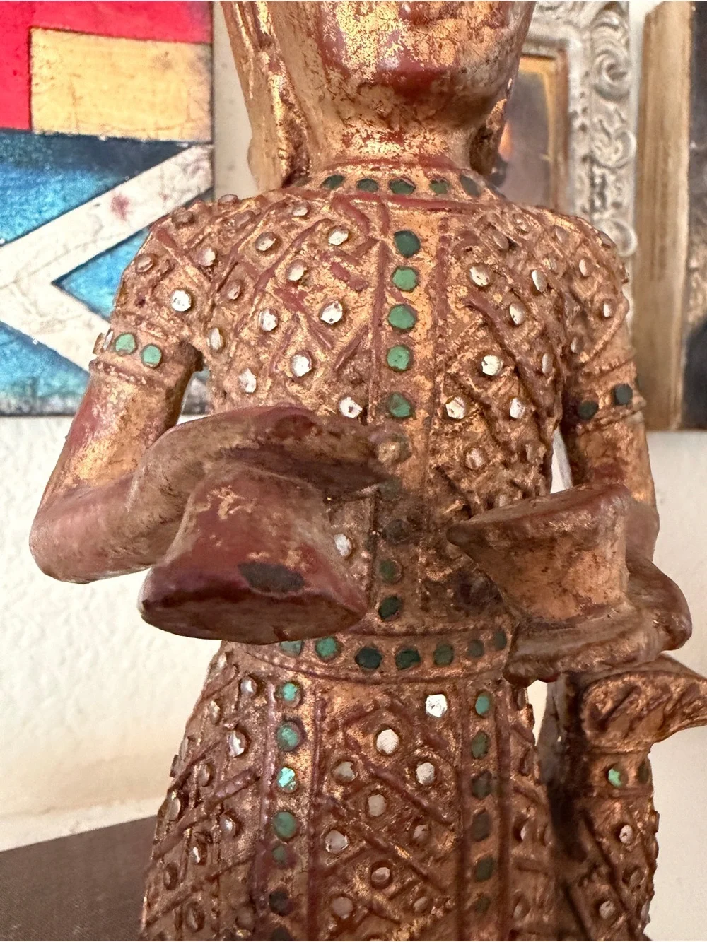 Vintage Southeast Asian Temple Guardian Statue Hand Painted‎ Gilt Wood Figure
